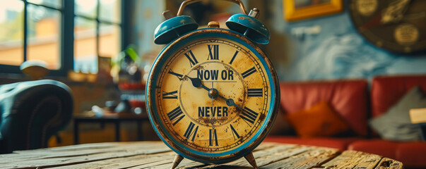 Close-up of a clock face with 'NOW OR NEVER' slogan emphasizing urgency and the importance of timely action in a high-stakes moment - obrazy, fototapety, plakaty
