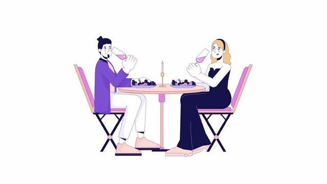 Heterosexual couple on romantic date line 2D characters animation. Caucasian adult girlfriend boyfriend flat color cartoon 4K video, alpha channel. Speed dating animated people on white background