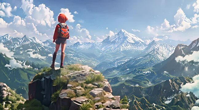 Adventurous Hiker Overlooking Majestic Mountain Range with AI generated.
