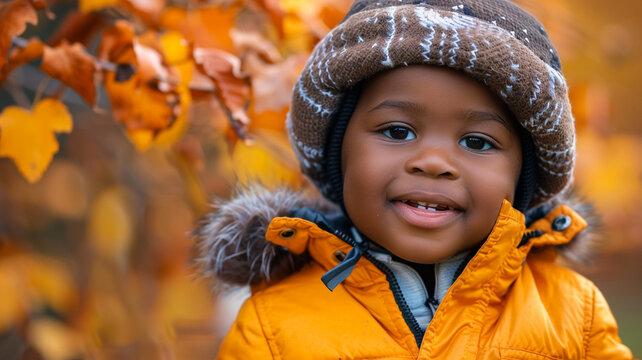 Cute black child smiling in the park on autumn background