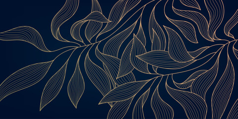 Vector gold leaf background pattern, floral abstract luxury art deco design. Premium elegant jungle line illustration. Fancy tropic summer ornament.