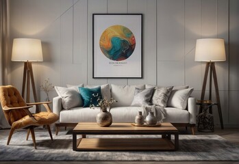 Cozy Modern Living Room Mockup Stylish Furniture Arrangement with Table, Chairs, and Sofa, Framed Wall Art and Vase with Plants