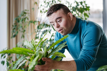Young man with Down syndrome taking care of indoor plant, touching, snuggling plant leaf.