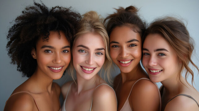 Four diverse women with different skin tones smiling together, showcasing friendship and diversity.
