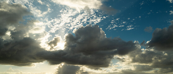 Blue sky cloud gradient background. Cloudy sky. Vivid cyan blue landscape in environment day...