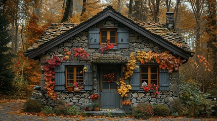 an old hut or barn made of stone against the background of beautiful autumn nature, cozy, decorated with flowers and vintage things