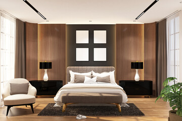 Modern contemporary  bed room with frame mock up on the wall. Design 3d rendering of gray and light woods. Design print for illustration, presentation, mock up, interior, zoom, background. Set 8