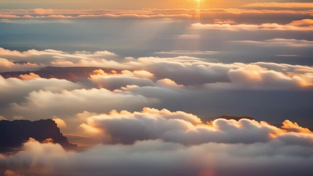 Aerial timelapse reveals a spectacular sunset spectacle above the serene expanse of clouds. Time-lapse. 4K.
