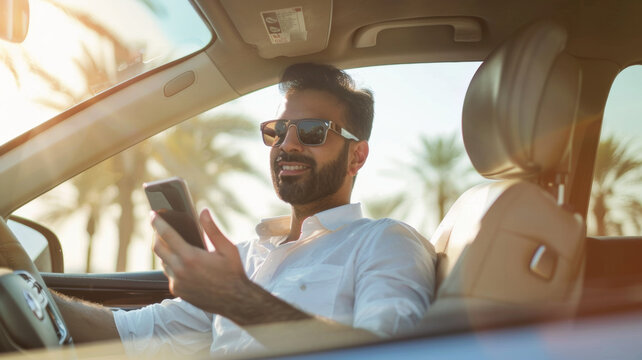 Stylish man in a convertible using a phone on a sunny day.