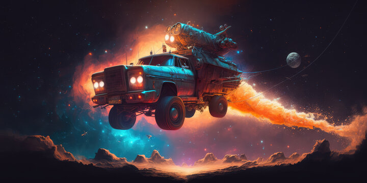 Post-apocalyptic flying car in space, planets, stars, jet propulsion, junk car, generative AI, nuclear universe, futuristic