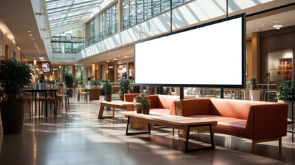 Very Wide White Billboard without frame above leather sofas inside a Shopping mall with glass ceiling and a day light without people