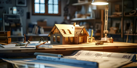 Modello di architettura della casa in cima ai progetti, A small model of a house on a table.  - obrazy, fototapety, plakaty