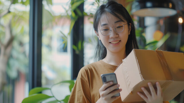 Contemporary young woman using smartphone to track her parcel delivery.