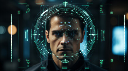 Futuristic Virtual Interface system with spherical thin green lines around a caucasian Man front face with short black hair and blurry dark background - obrazy, fototapety, plakaty