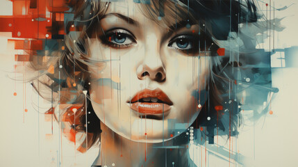 Portrait of a Beautiful young Woman with blue eyes and red lips with graphic effect over the picture in the typical 1970s colors style