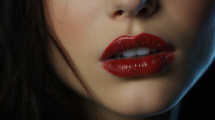 Very close-up of a Woman sensual mouth slightly open to see white teeth with a red shiny and glossy lipstick and long brown hair