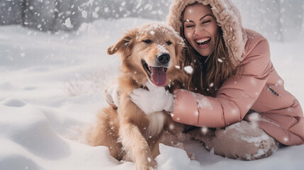 Very Happy Caucasian Woman with long brown hair playing with her happy brown dog in the snow with a blurry background