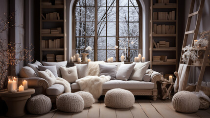 White Living Room in sophisticated country-style with large Sofa and many cushions in front of large windows with few Christmas decorations and many candles