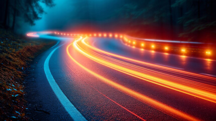 View of a night road with many car headlight zigzag curved traces with extreme speed blur effect and trees along the road