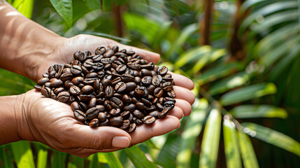 Coffee beans lying on a palm Caucasian girls