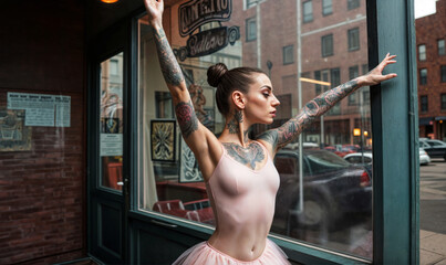 A ballerina with a tattoo near a cafe window.