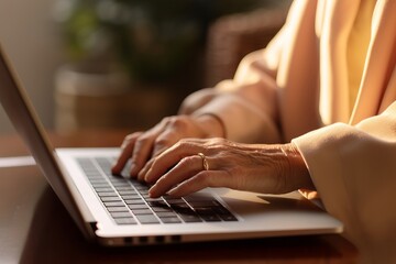 パソコン作業をする高齢女性 - obrazy, fototapety, plakaty