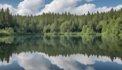 Fototapeta na wymiar Clouds reflected in a tranquil lake with forests