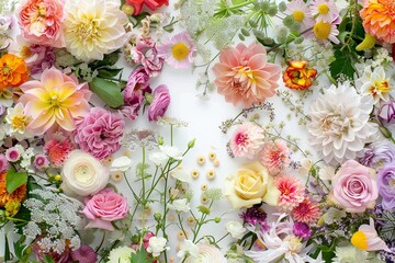 a frame of a variety of flower arrangements on a white background