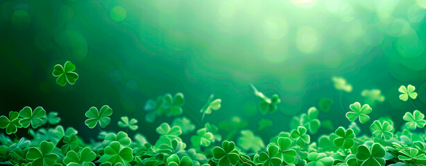 Shamrock cluster on a green bokeh background, panoramic Irish St. Patrick's Day design with copy space.