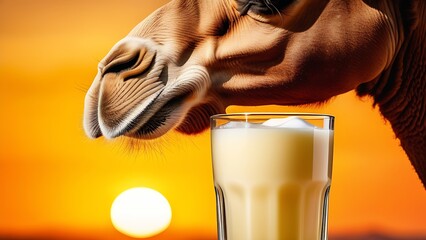 a glass of milk against the background of a camel in the desert