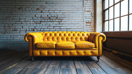 古いレンガブロックの前のヴィンテージソファー