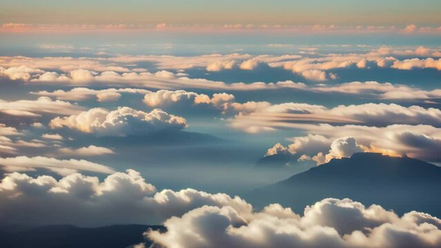 Majestic sunset hues paint the sky above a sea of clouds in this aerial timelapse. Time-lapse. 4K.
