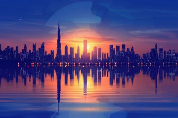 Fototapeta na wymiar Majestic Sunset Over Dubai Skyline with Reflections on Water, Featuring Burj Khalifa and Modern Architectural Marvels
