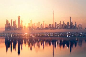 Fototapeta na wymiar Majestic Sunset Over Dubai Skyline with Reflections on Water, Featuring Burj Khalifa and Modern Architectural Marvels