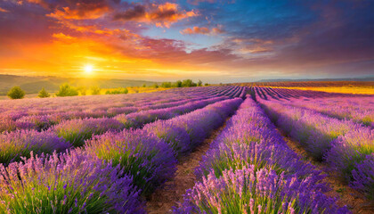 Stunning lavender field landscape Summer sunset with single tree
