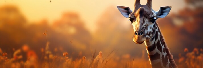 Wild giraffe with long neck and spotted coat looking away while standing in savanna against blurred background - obrazy, fototapety, plakaty