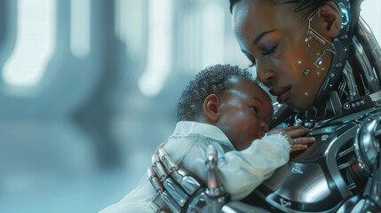 Emotive Science Fiction Scene: african american Humanoid Robot and Infant in a Tender Embrace - A Blend of Artificial Intelligence and Human Connection