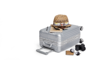 Travel Baggage with passport, camera, hat, airplane toy and smartphone isolated with copy space, Travel concept background, PNG transparency with shadow