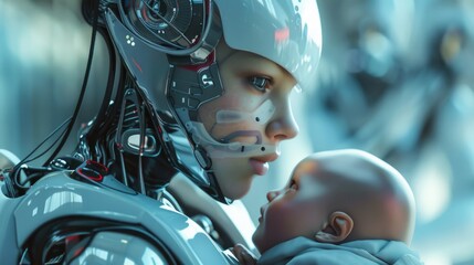 Fototapeta premium Emotive Science Fiction Scene: Humanoid Robot and Infant in a Tender Embrace - A Blend of Artificial Intelligence and Human Connection