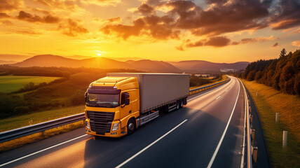 Truck driving on the asphalt road in rural landscape at sunset
