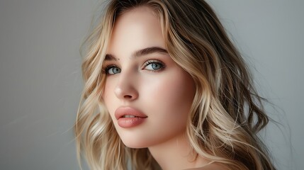 Fototapeta premium portrait of a woman. beautiful blonde woman with wavy medium-long hair, healthy skin looks at the camera and natural makeup of a young beautiful model on a studio background, place for text,