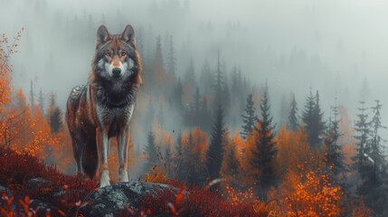 Wolves, foxes amidst beautiful nature. wild animals in nature