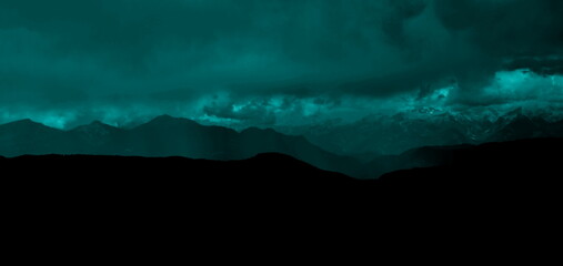 Mountain silhouette in South Tyrol, Italy, Alps, Europe, mountain ridge at dusk as silhouette,...