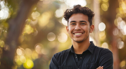 Young, man and portrait of a male laughing in a park for peace, contentment and vitality. Happy, smiling and confident latin person radiating positivity outdoors for peace, happiness and exploration - obrazy, fototapety, plakaty