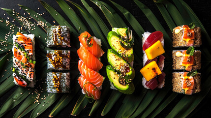 Fototapeta premium Gourmet Sushi Delight: Exquisite Sushi Rolls with Fresh Tuna, Ripe Avocado, and Mango Toppings Artistically Presented on Bamboo Leaves Over a Dark Slate Background