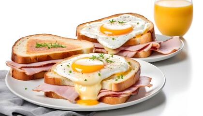 French toasts Croque monsieur and croque madame, grilled sandwiches on brioch bread with sliced ham, melted emmental cheese and egg.  Isolated, white background