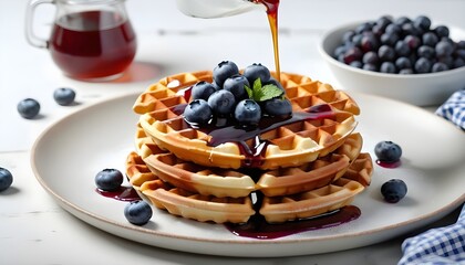 Fresh Belgian waffles with blueberry and Syrup in skillet.  Isolated on white background. - obrazy, fototapety, plakaty