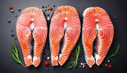 Fresh Raw Salmon Fish Steaks.  Isolated on white background, top view