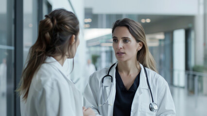 Two healthcare professionals in conversation at a modern hospital.