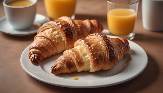 Freshly baked french croissant on a plate. Orange background. Top view.